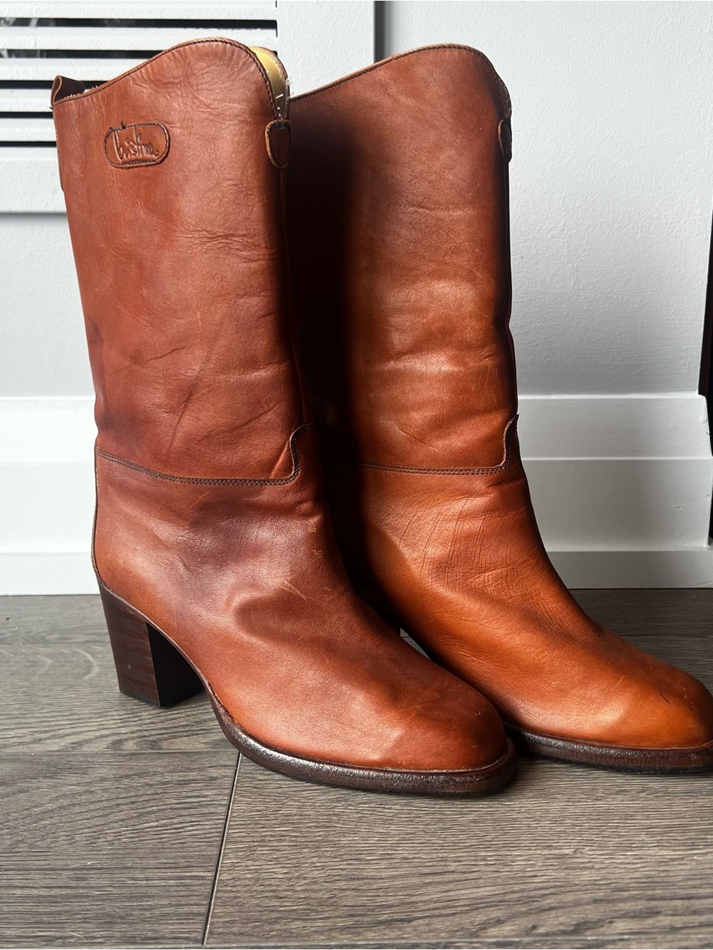 TONY IAMMATTEO for Cristina Cognac Brown Leather Mid-Calf Block Heel Boots